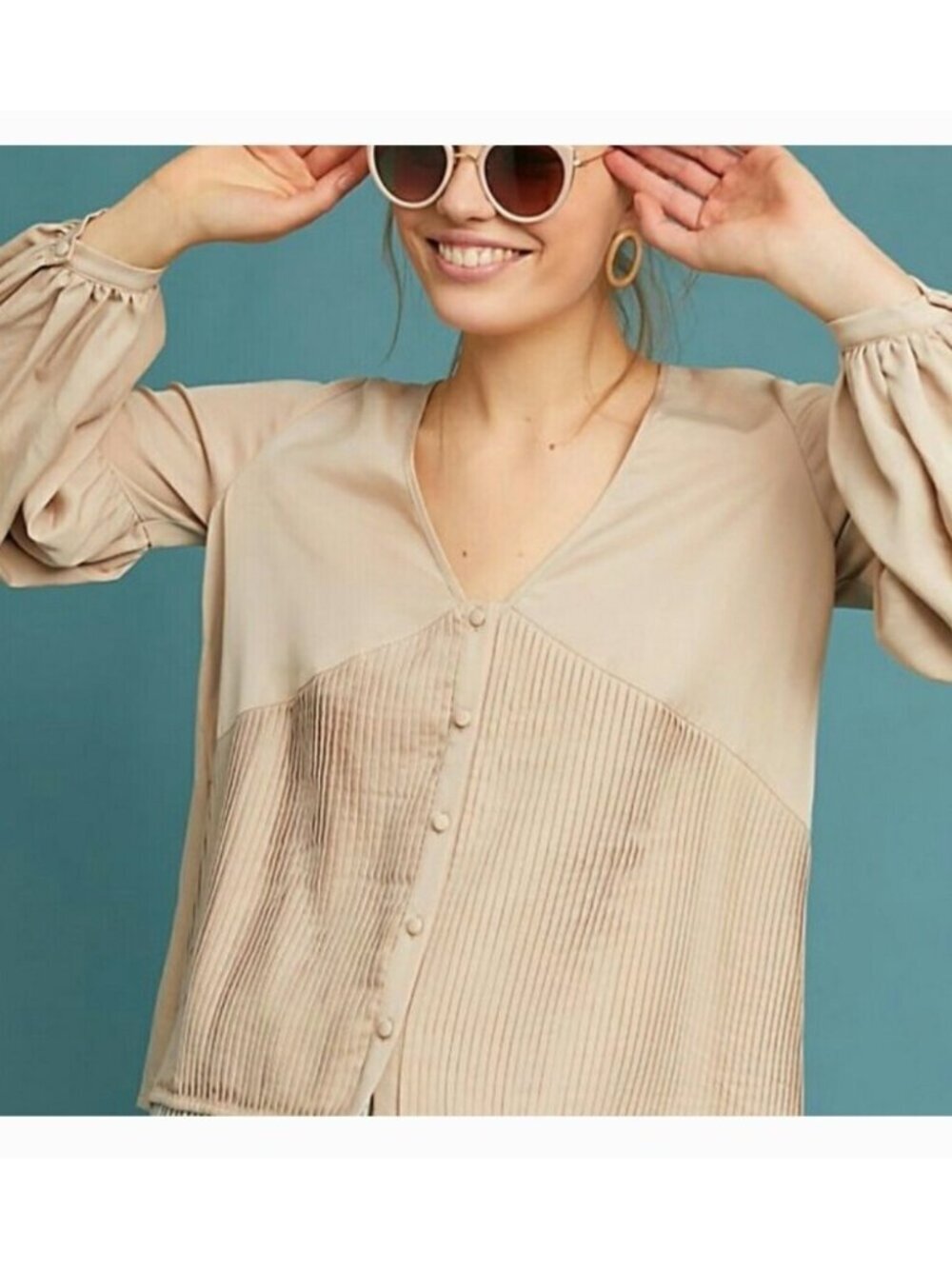Sancia Beige Tencel Pintuck Blouse Balloon Sleeve V-Neck Button Front Top Size S